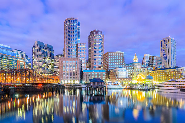 Boston, Massachusetts, USA city skyline at the harbor.